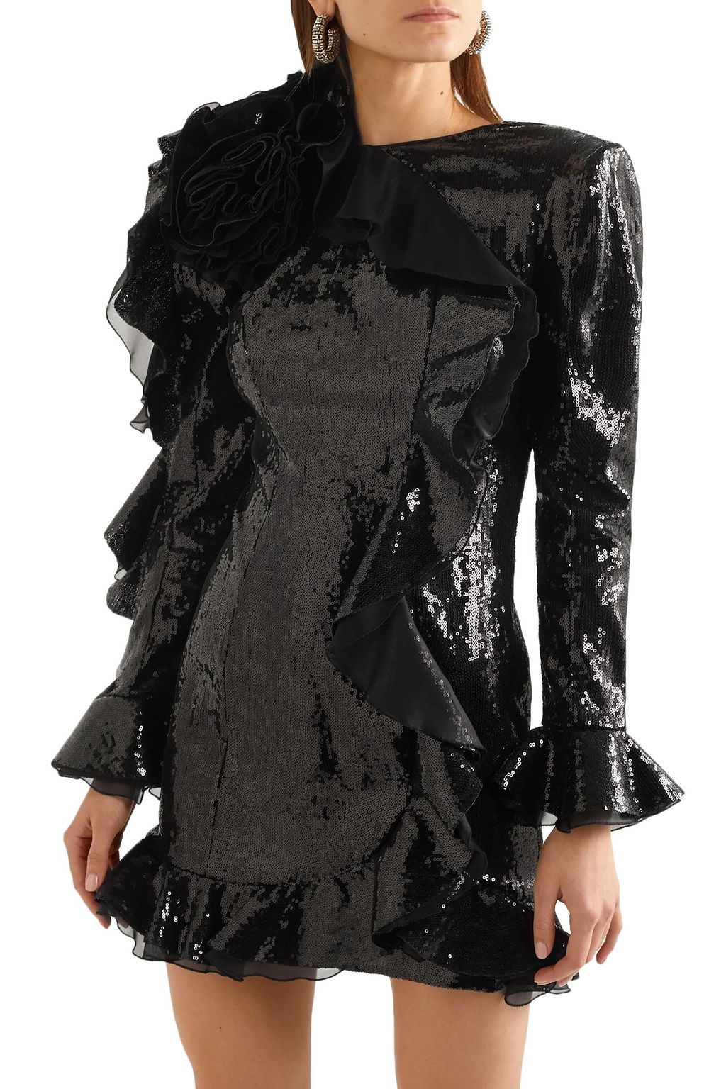 DUNDAS Ruffled organza-trimmed sequined crepe mini dress