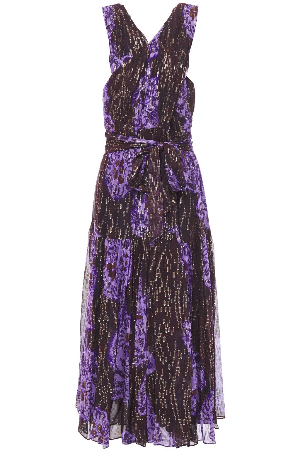 Purple Adora pleated printed fil coupé silk and Lurex-blend midi dress ...