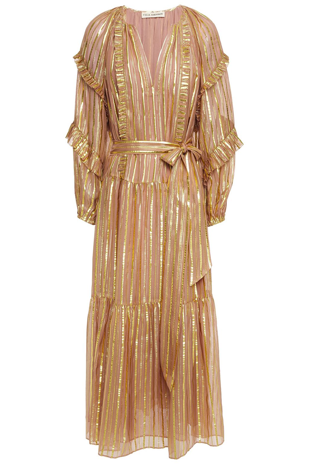 Antique rose Talitha ruffled striped silk and Lurex-blend midi dress ...