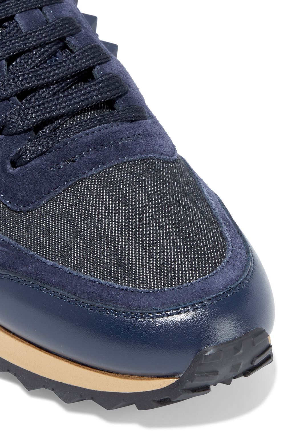 VALENTINO GARAVANI Rockstud denim, leather and suede sneakers