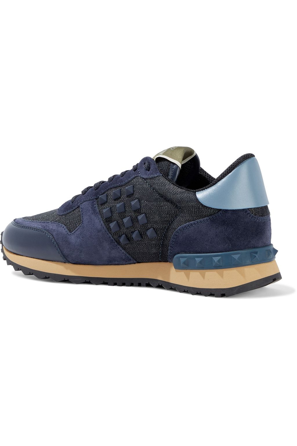 VALENTINO GARAVANI Rockstud denim, leather and suede sneakers