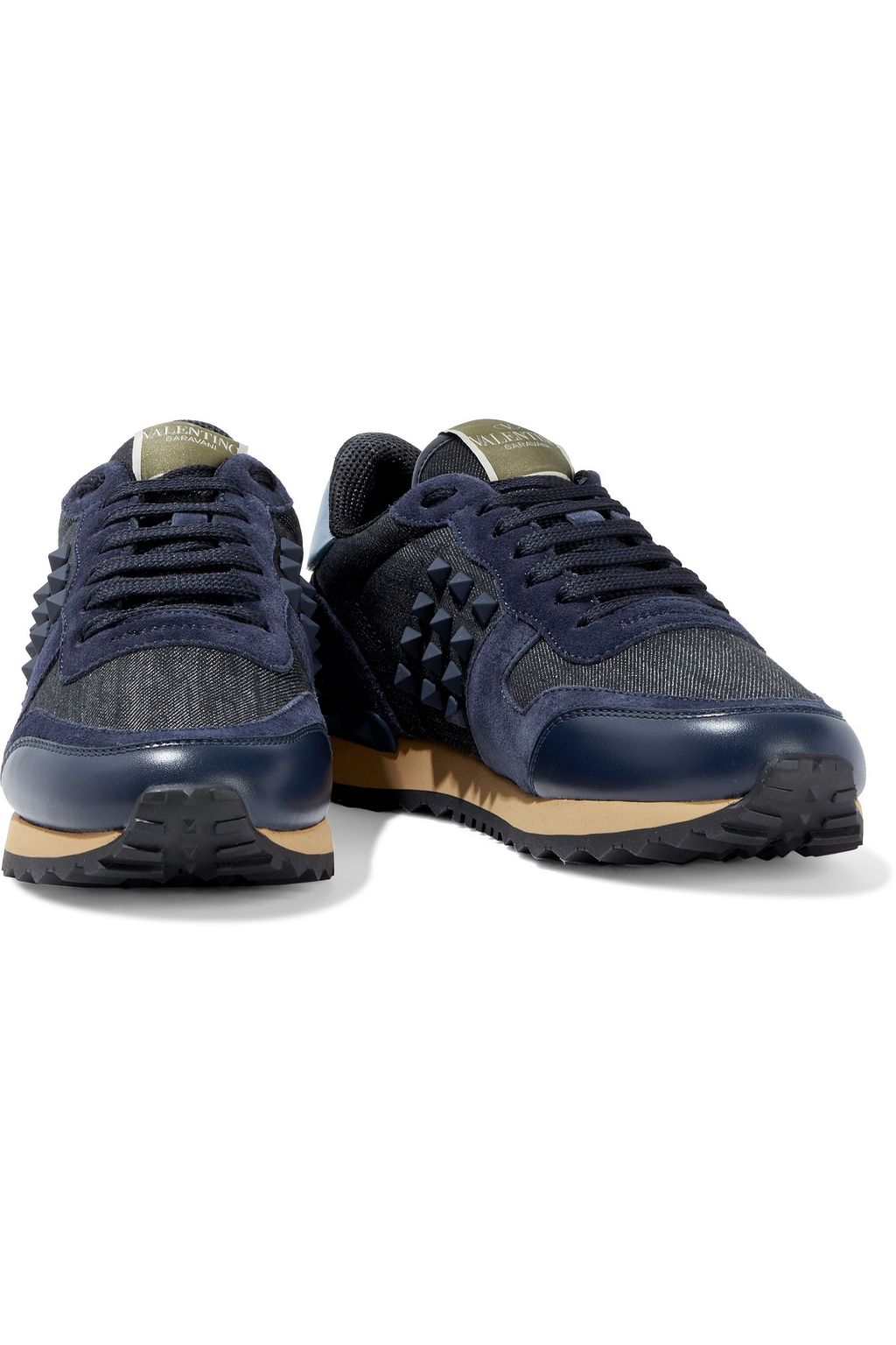 VALENTINO GARAVANI Rockstud denim, leather and suede sneakers