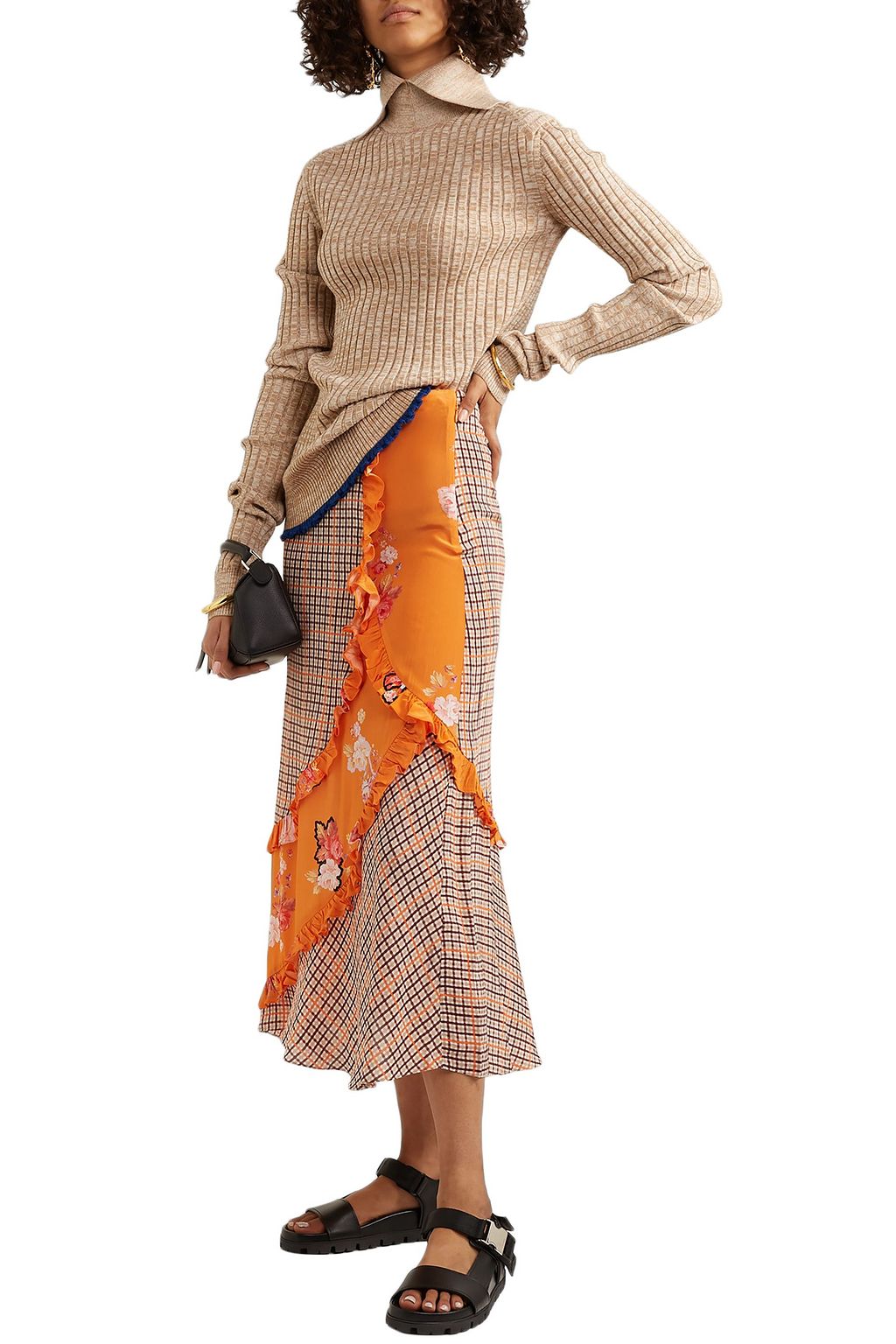 PREEN LINE Nevah ruffled paneled printed checked crepe de chine skirt