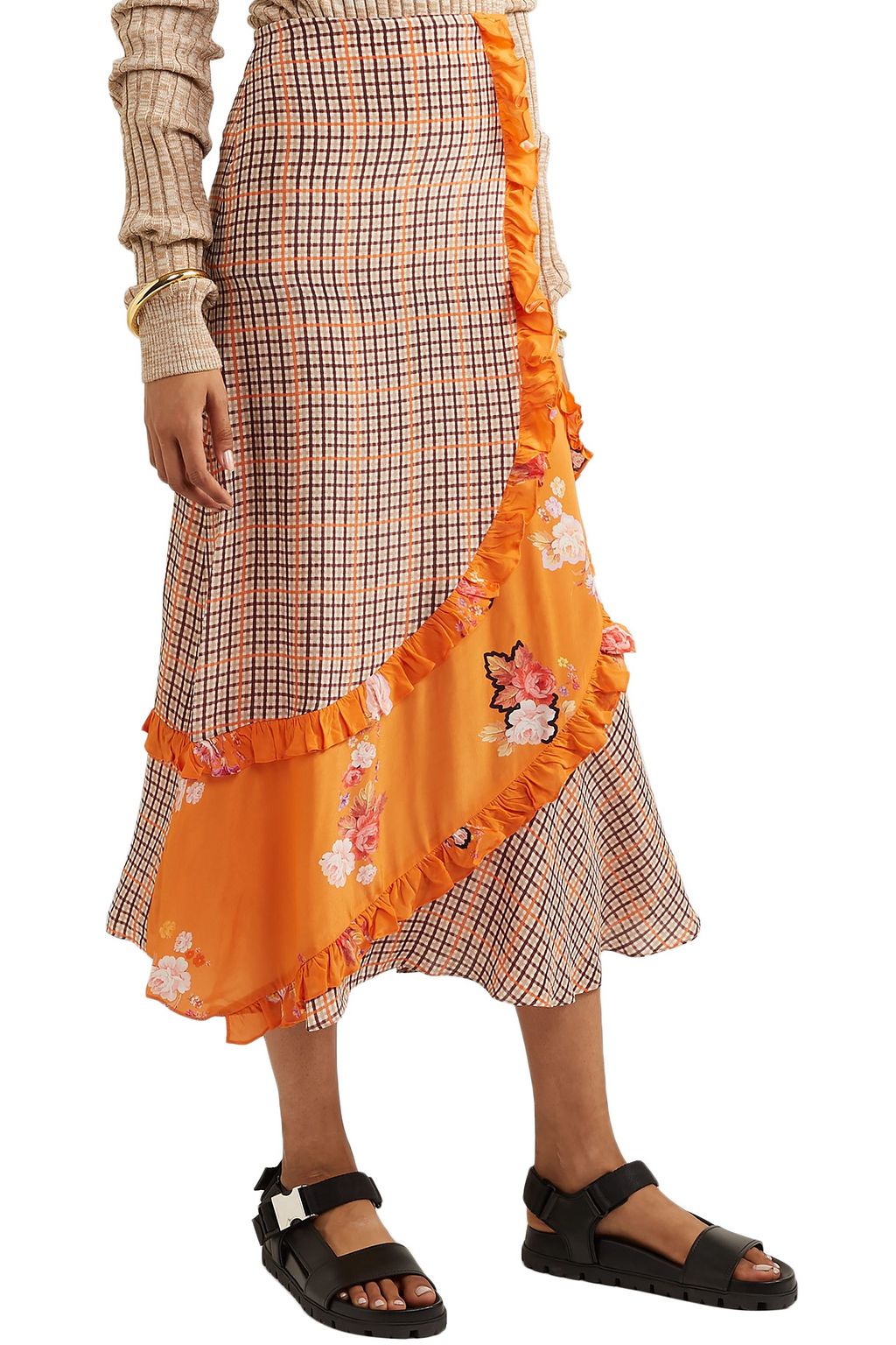 PREEN LINE Nevah ruffled paneled printed checked crepe de chine skirt