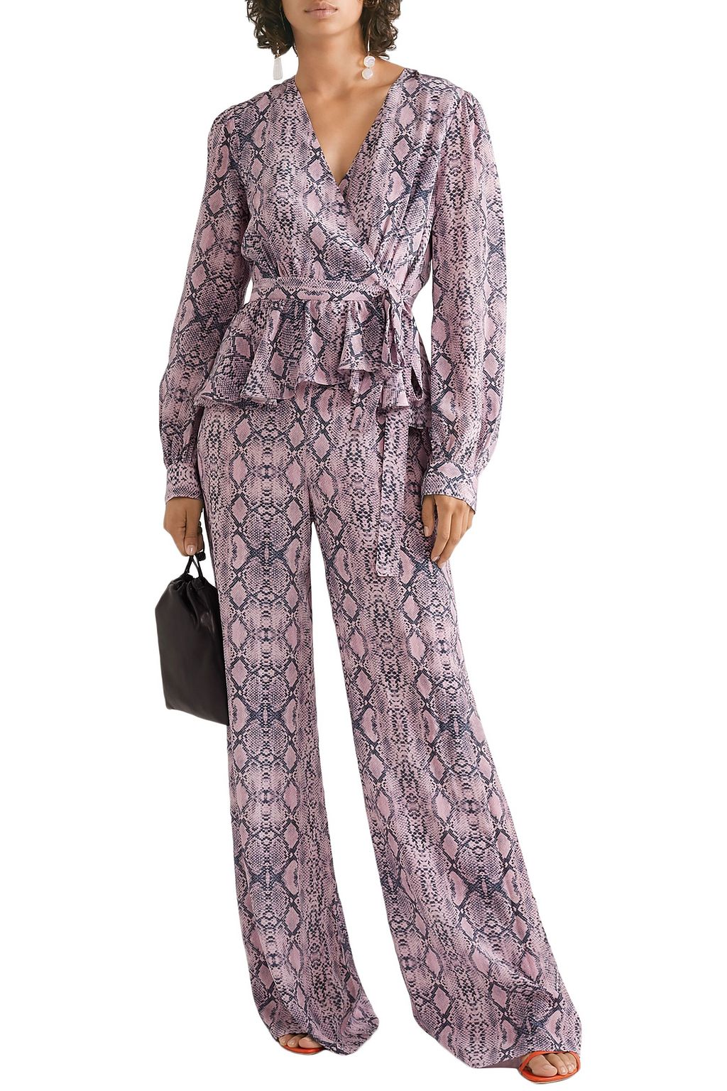 LES RÊVERIES Ruffled snake-print silk crepe de chine wrap-effect jumpsuit