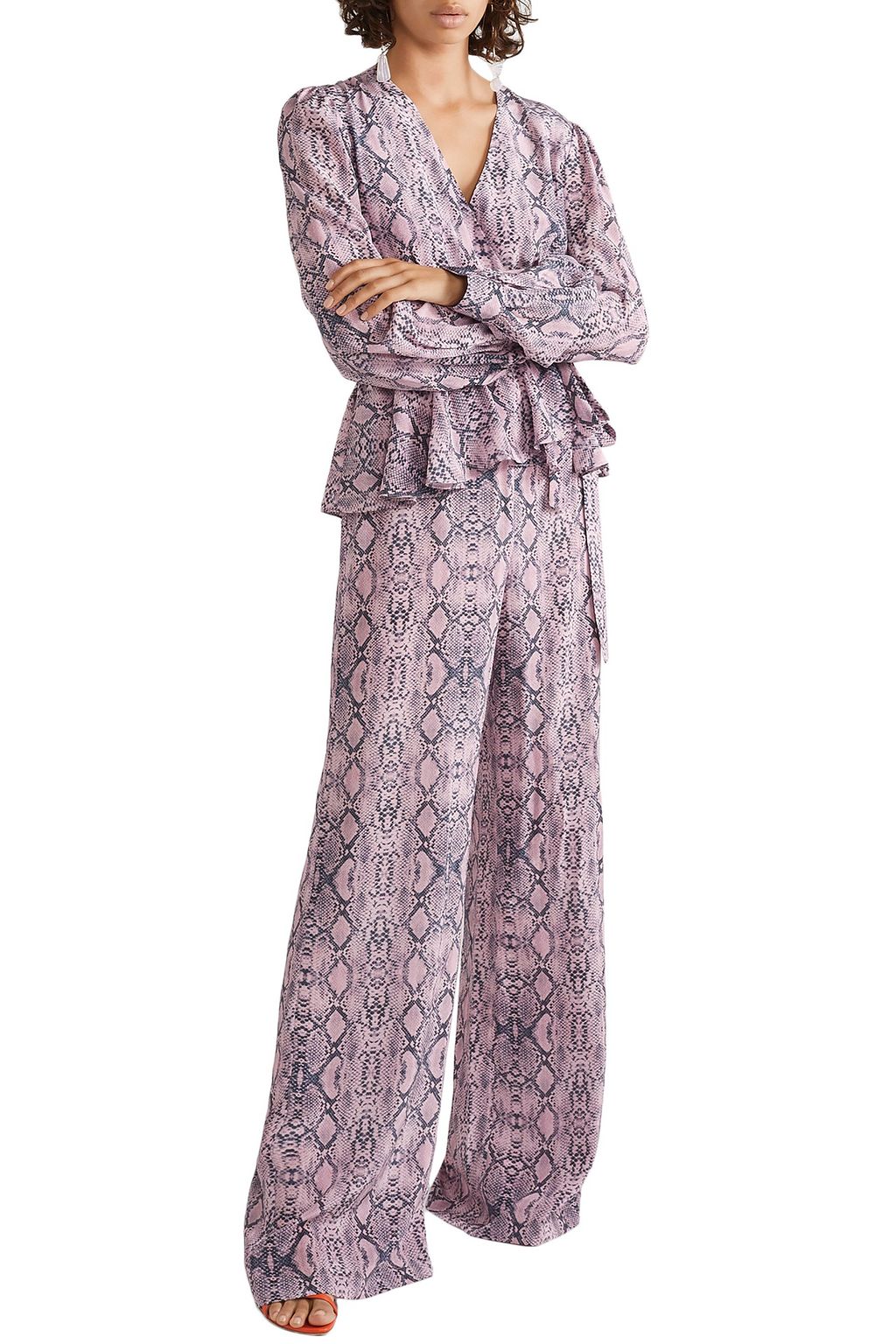 LES RÊVERIES Ruffled snake-print silk crepe de chine wrap-effect jumpsuit