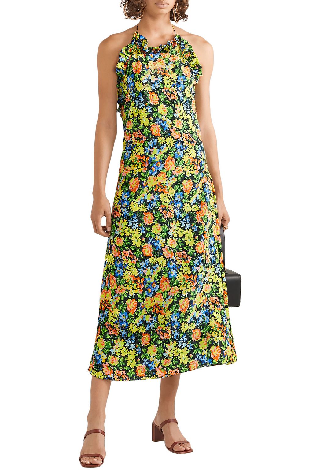 LES RÊVERIES Floral-print silk crepe de chine halterneck midi dress