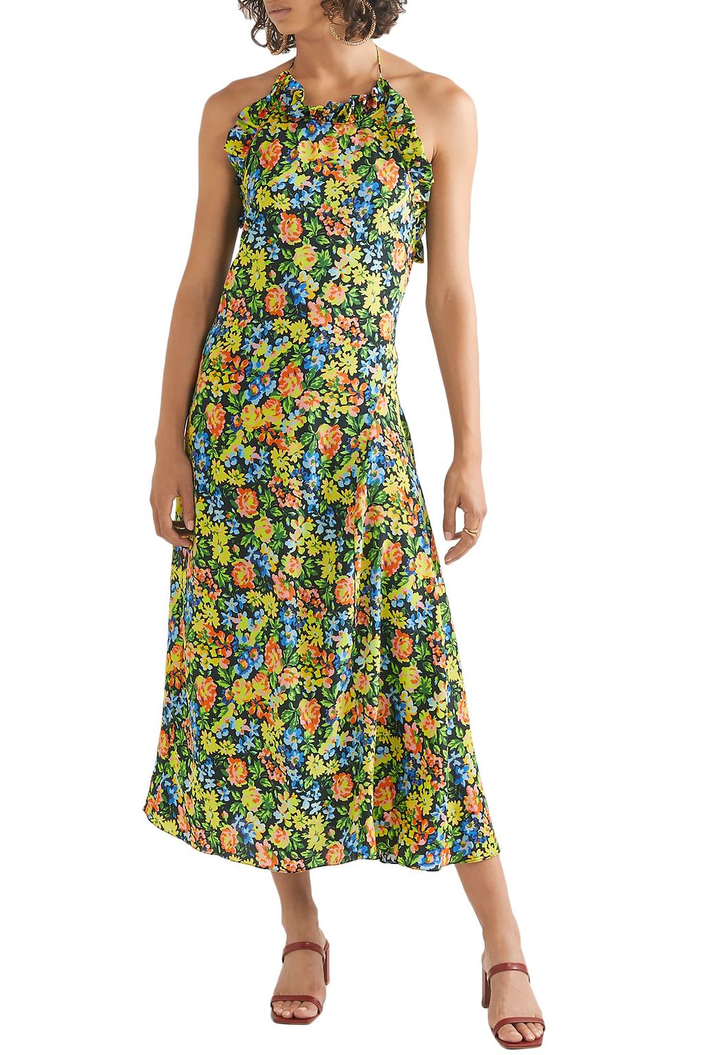 LES RÊVERIES Floral-print silk crepe de chine halterneck midi dress