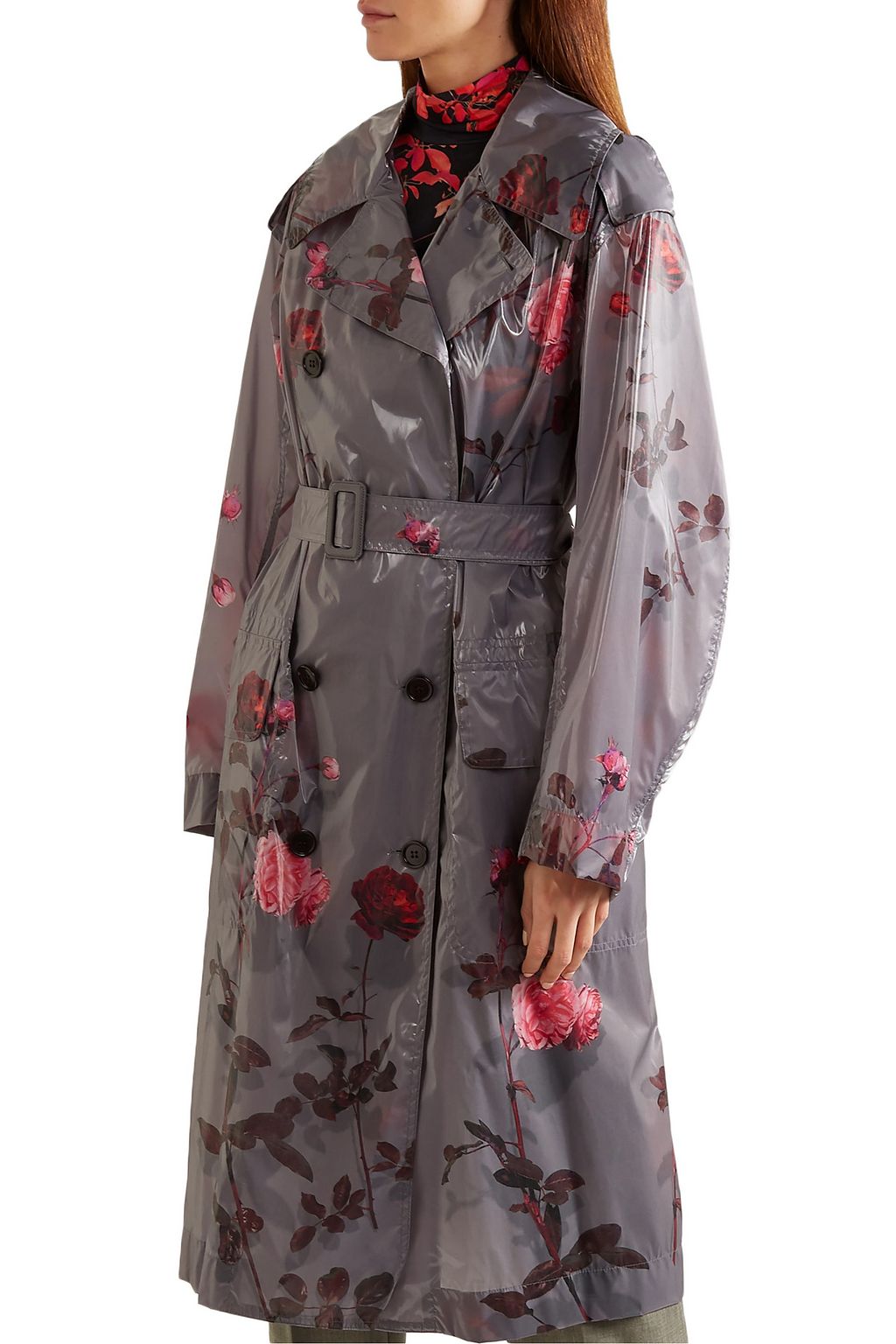 DRIES VAN NOTEN Floral-print PU trench coat