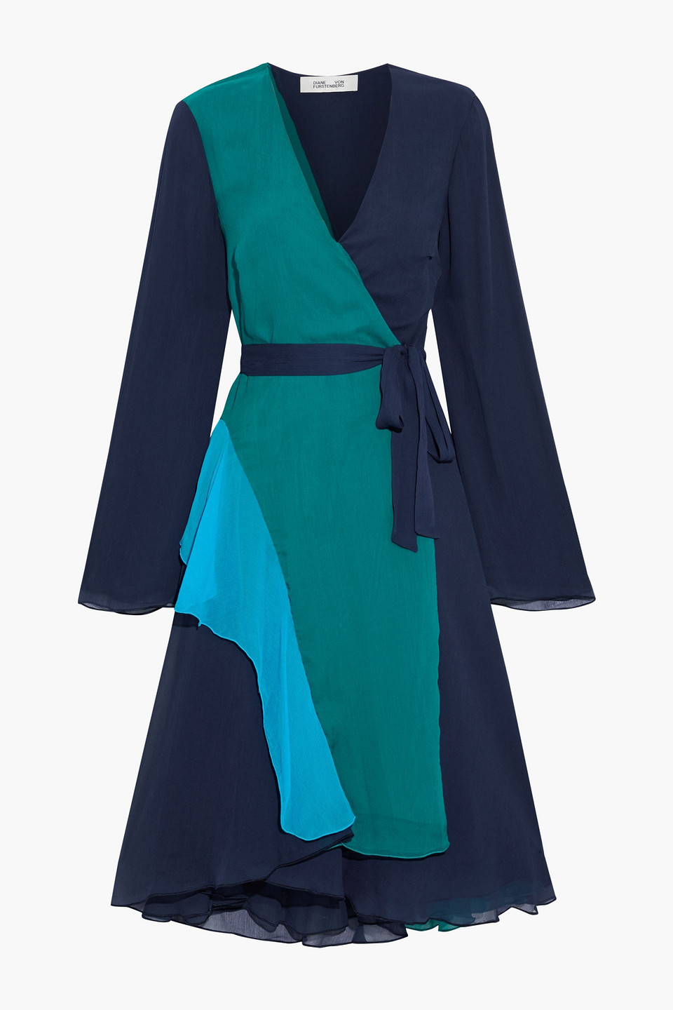 Diane Von Furstenberg Woman Halia Ruffled Color-block Georgette Wrap Dress Navy Size 2
