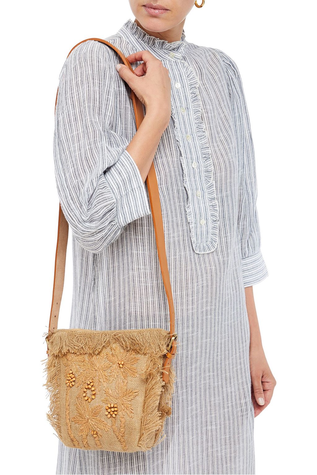 ANTIK BATIK Barry small fringe-trimmed embellished raffia and jute shoulder bag