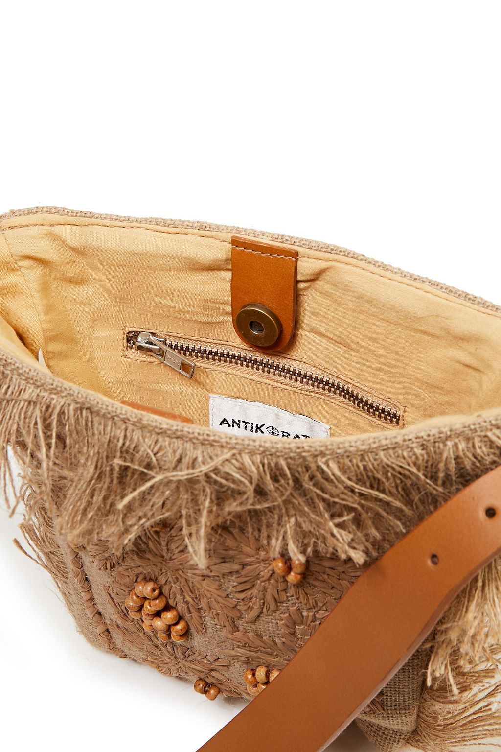 ANTIK BATIK Barry small fringe-trimmed embellished raffia and jute shoulder bag