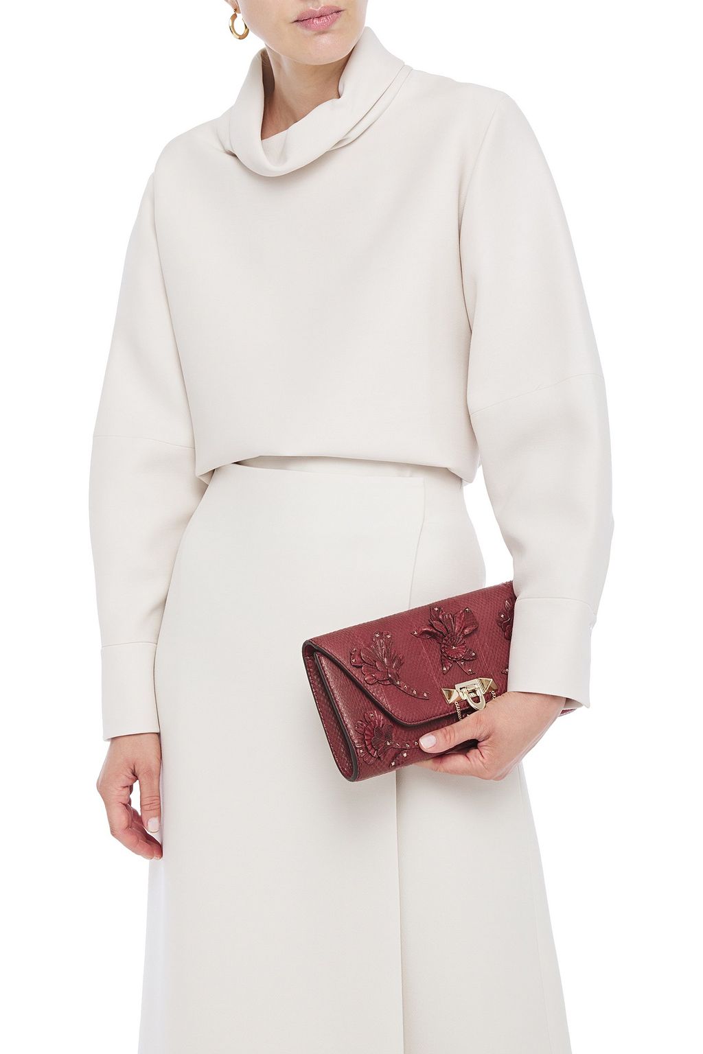 VALENTINO GARAVANI Studded floral-appliquéd watersnake clutch