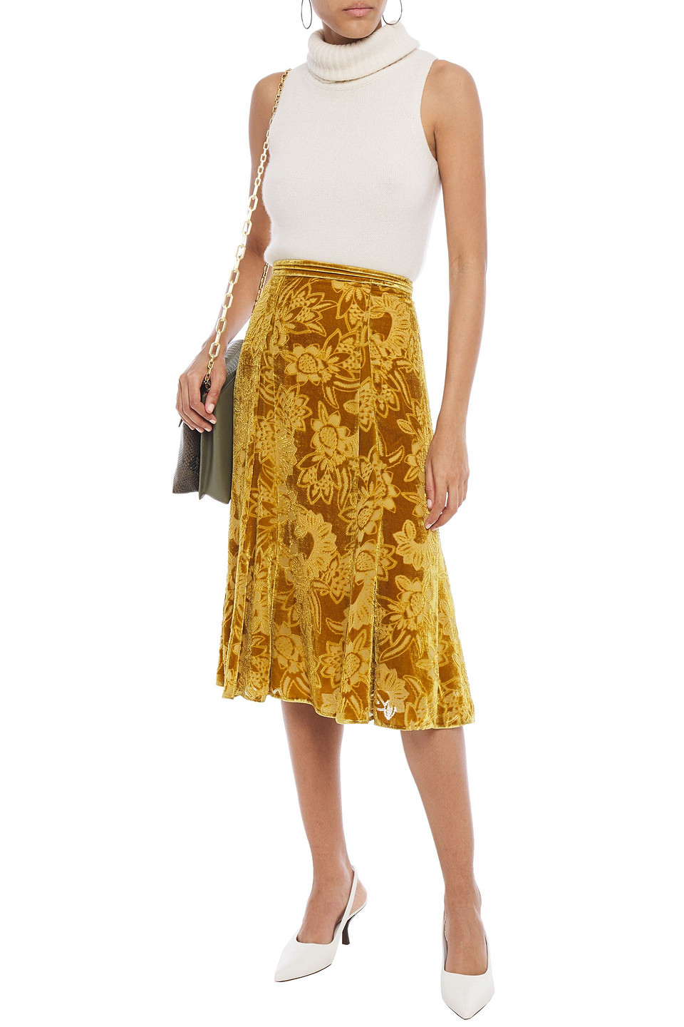 Erdem Zuri Pleated Devoré-velvet Skirt In Mustard