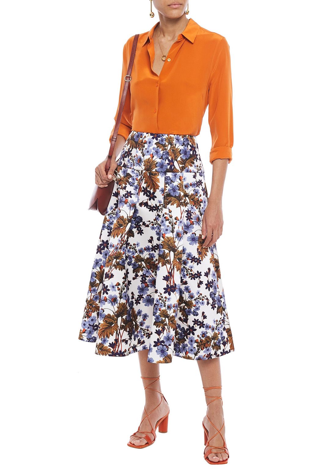ERDEM Flared floral-print duchesse-satin midi skirt