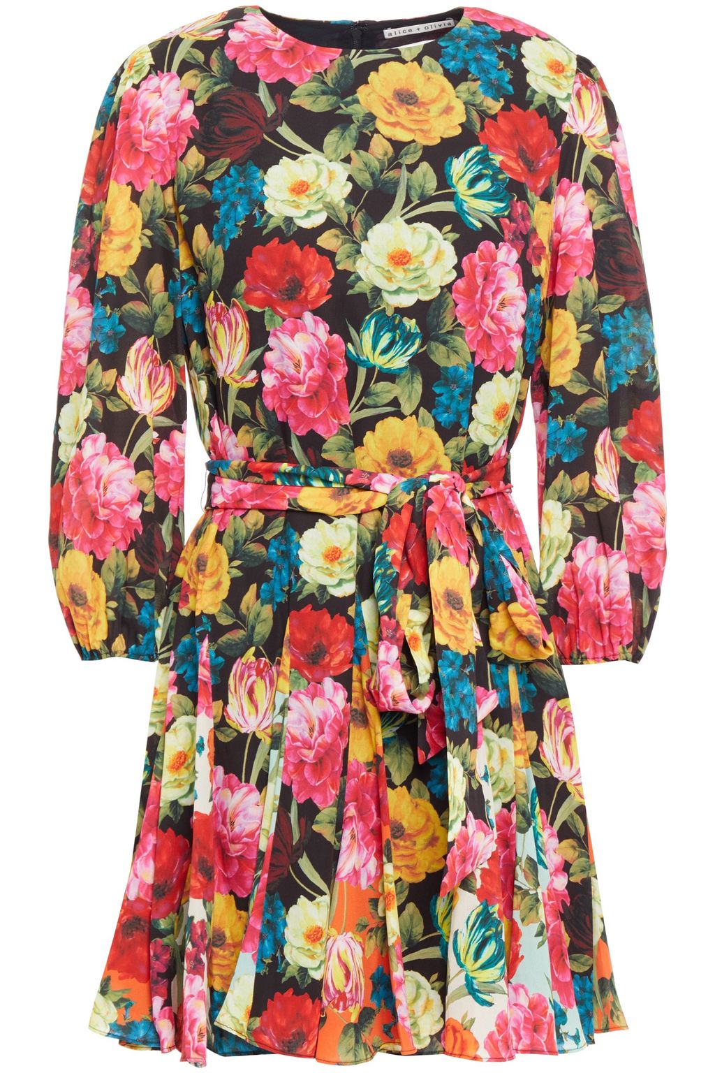 Black Mina belted floral-print crepe mini dress | ALICE + OLIVIA | THE ...