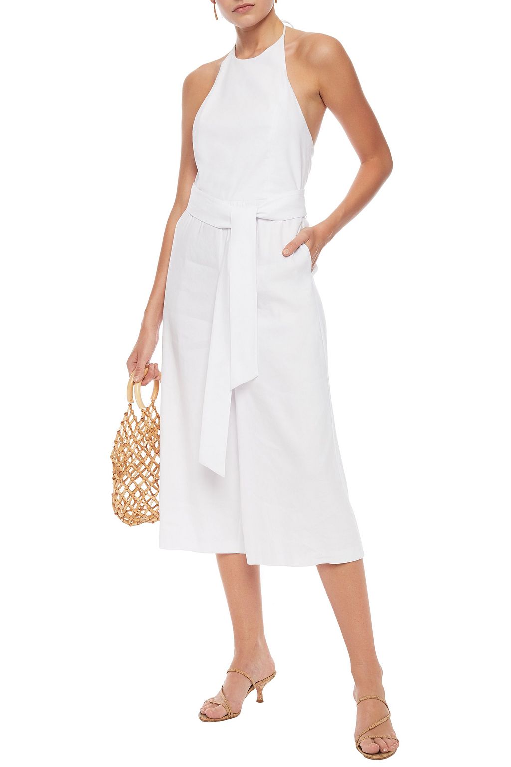 ALICE + OLIVIA Franny cropped belted linen-blend halterneck jumpsuit