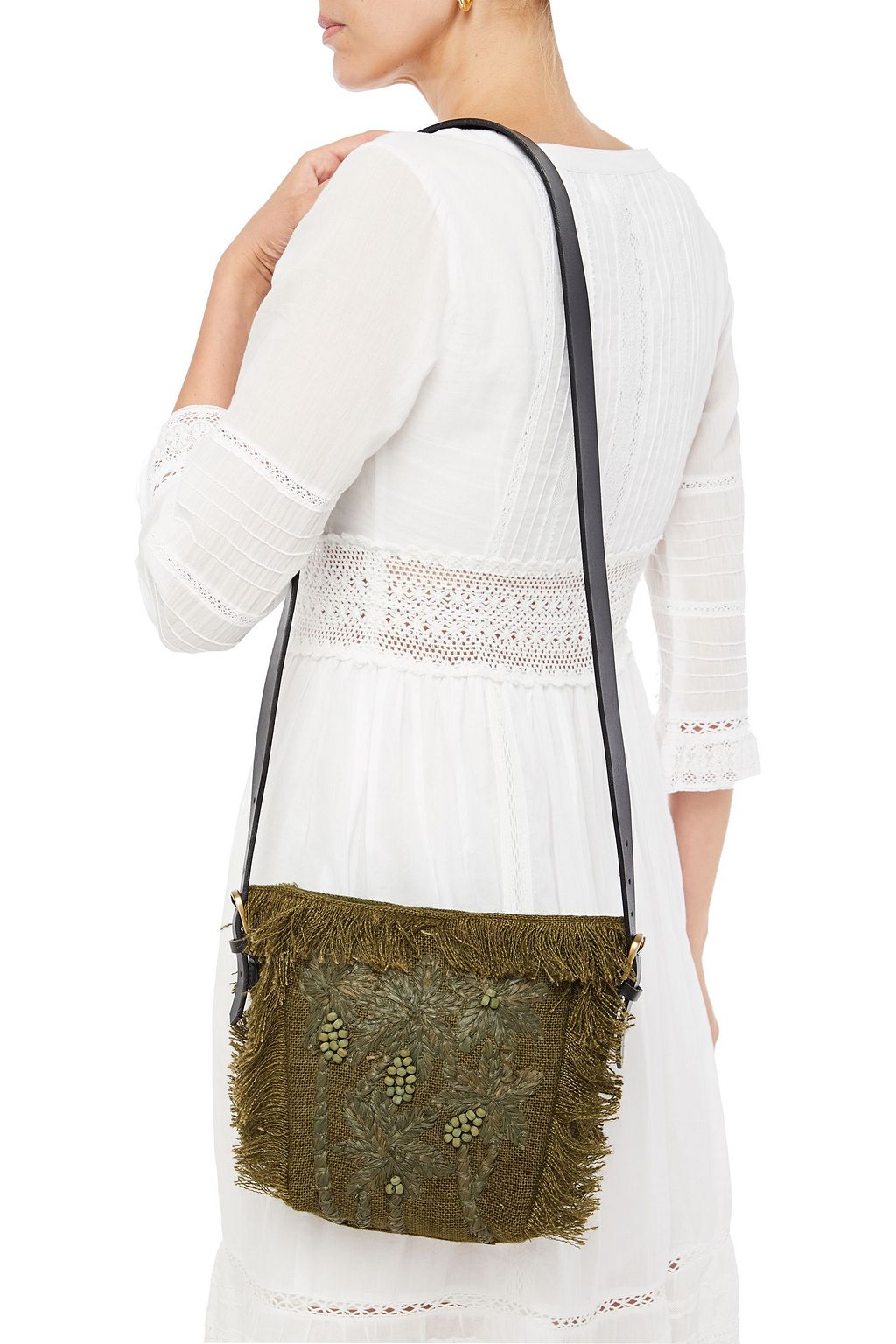 ANTIK BATIK Barry small fringe-trimmed embellished raffia and jute shoulder bag