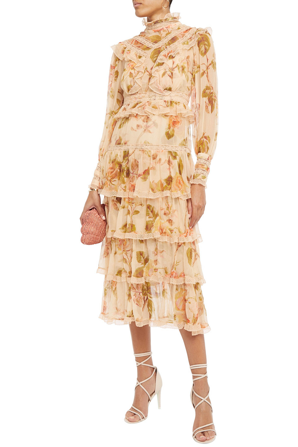 Click to view more detailed imagery on our partner's website Zimmermann Resistance Tiered Floral-print Silk-gauze Midi Dress In Pastel Orange