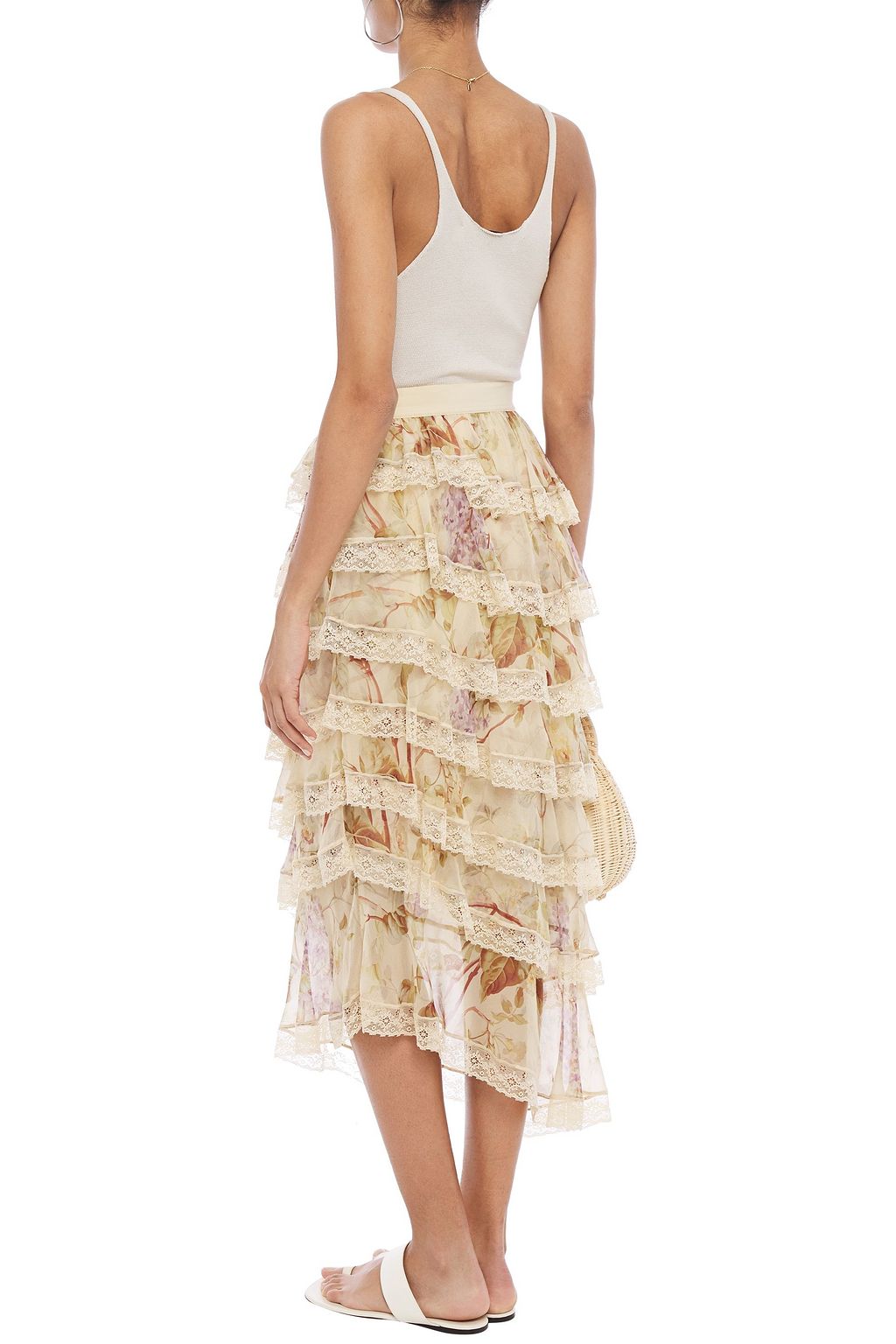 ZIMMERMANN Sabotage tiered lace-trimmed floral-print silk-chiffon midi skirt