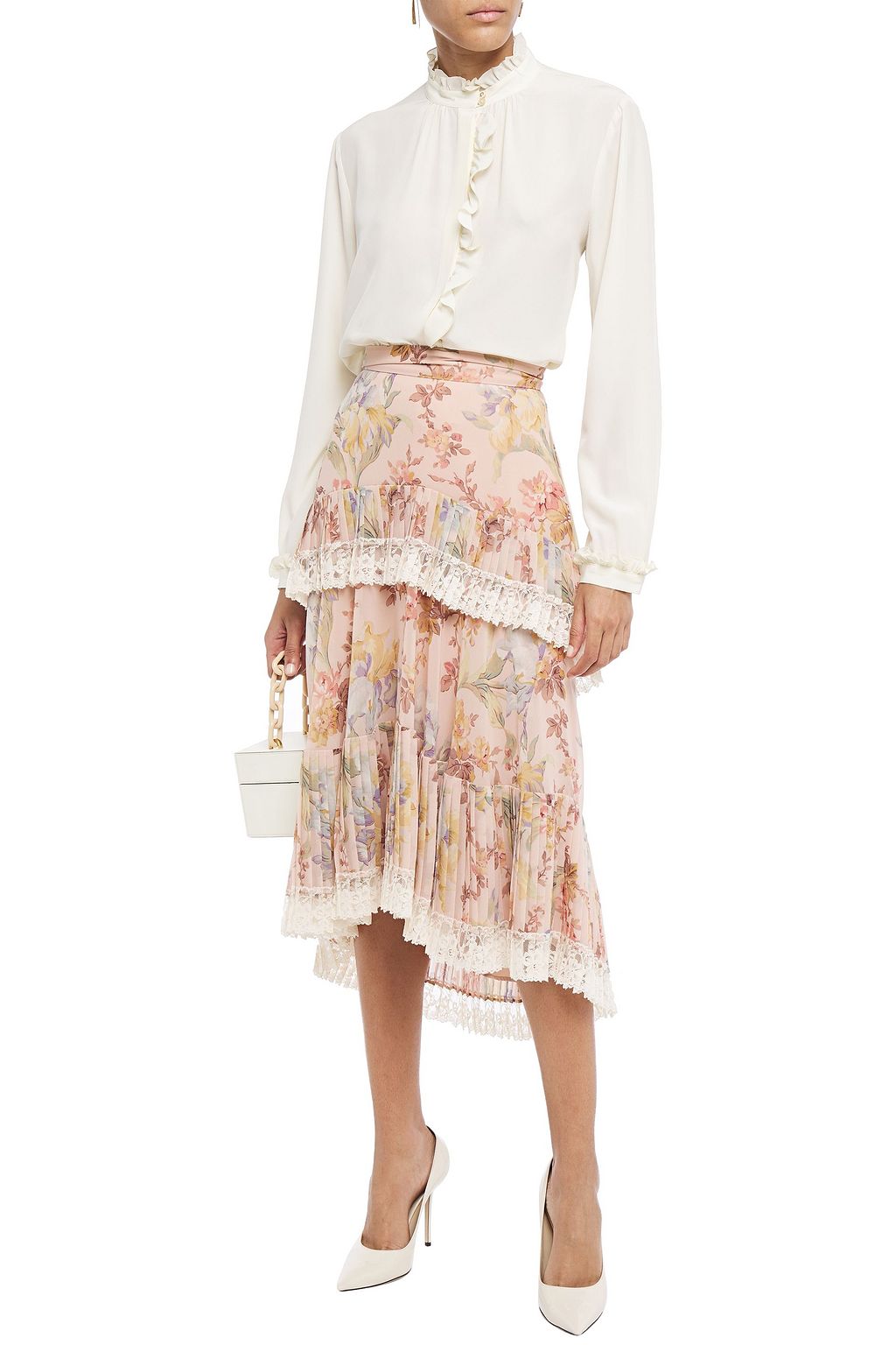 ZIMMERMANN Espionage lace-trimmed pleated floral-print chiffon midi skirt