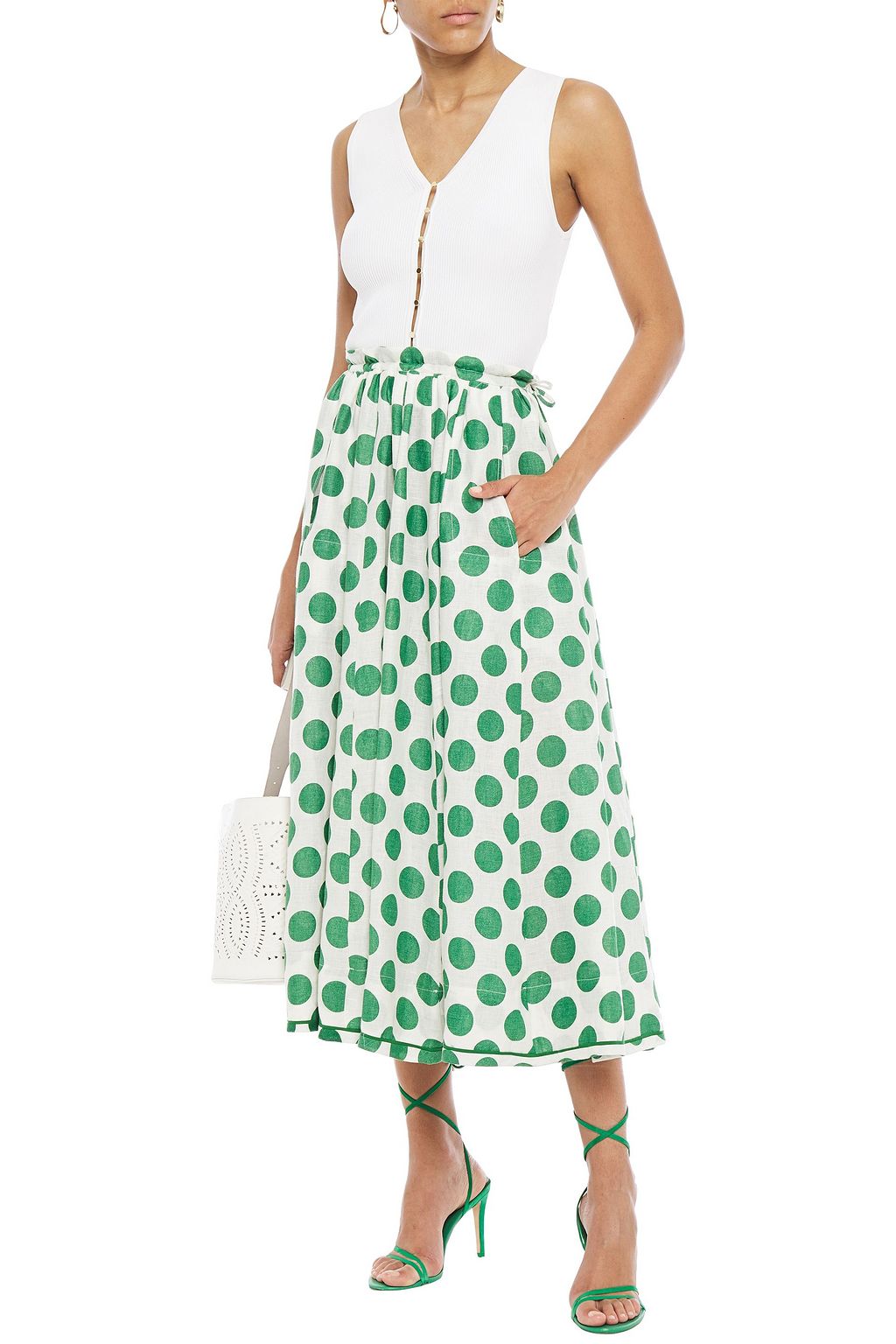 ZIMMERMANN Gathered polka-dot linen midi skirt