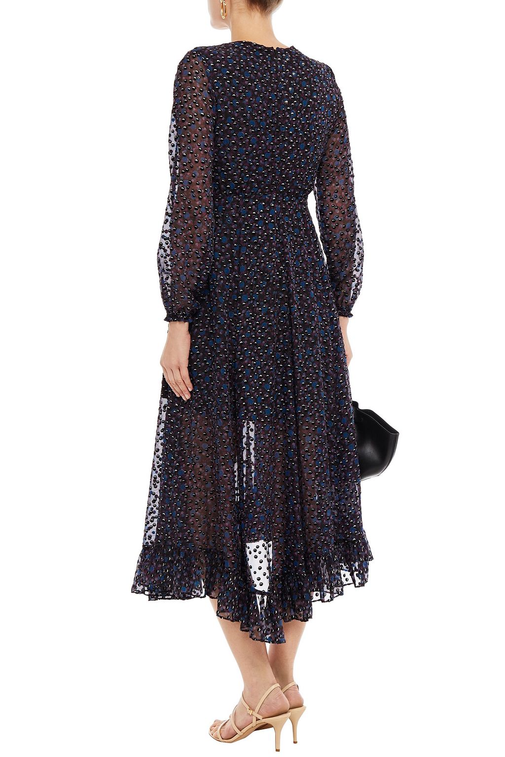MAJE Asymmetric flocked floral-print tulle midi dress