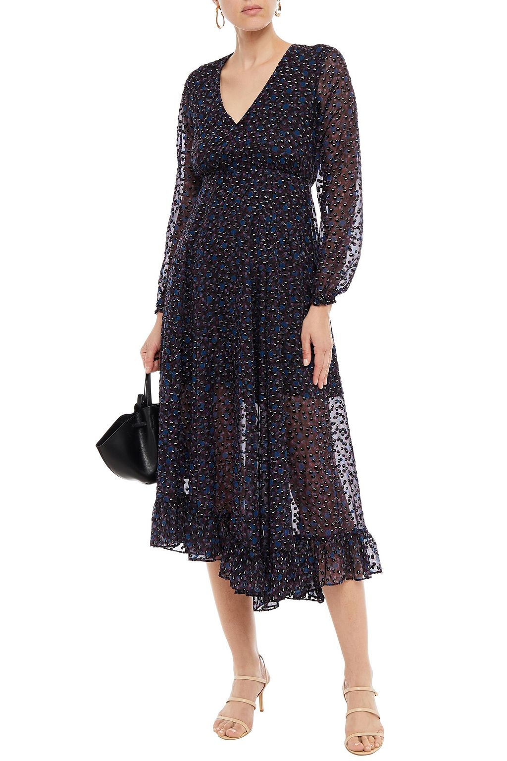 MAJE Asymmetric flocked floral-print tulle midi dress