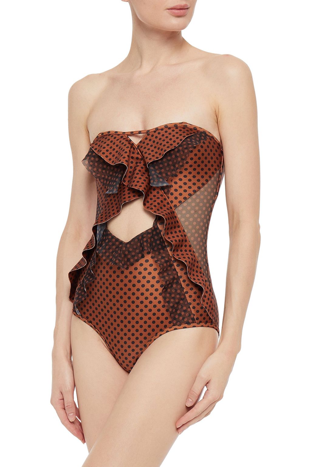 ZIMMERMANN Ruffled polka-dot mesh-paneled bandeau swimsuit