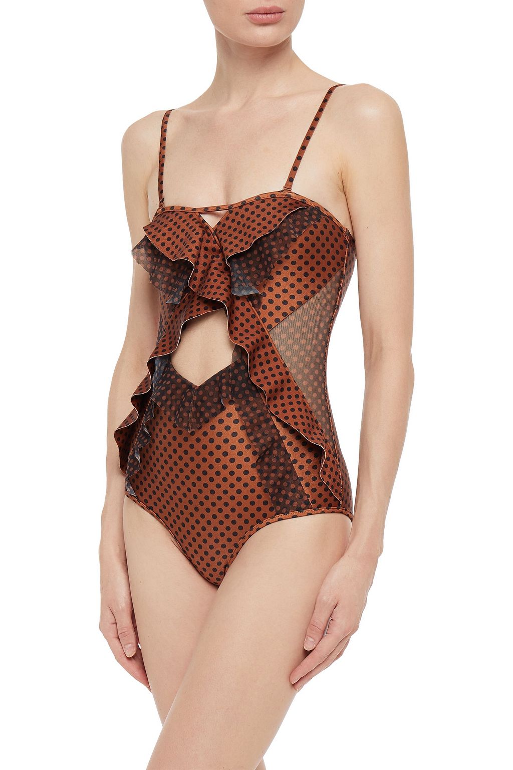 ZIMMERMANN Ruffled polka-dot mesh-paneled bandeau swimsuit