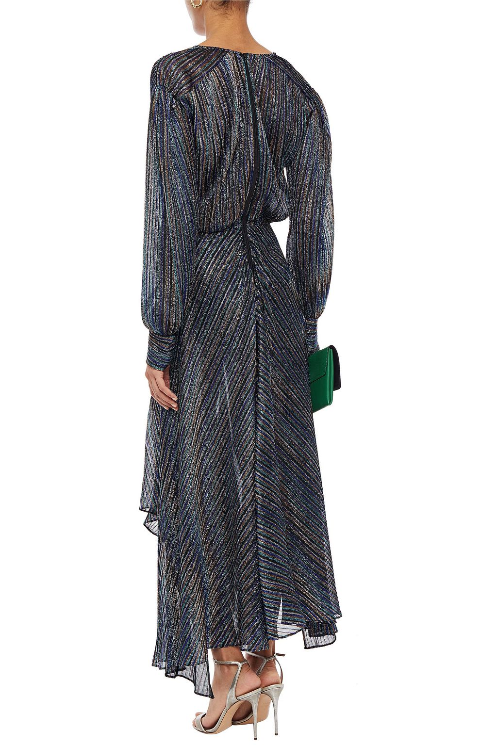 MAJE Asymmetric metallic crochet-knit midi dress