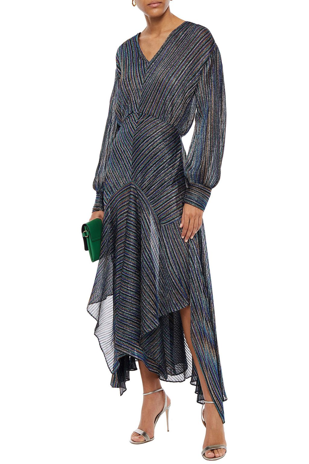 MAJE Asymmetric metallic crochet-knit midi dress