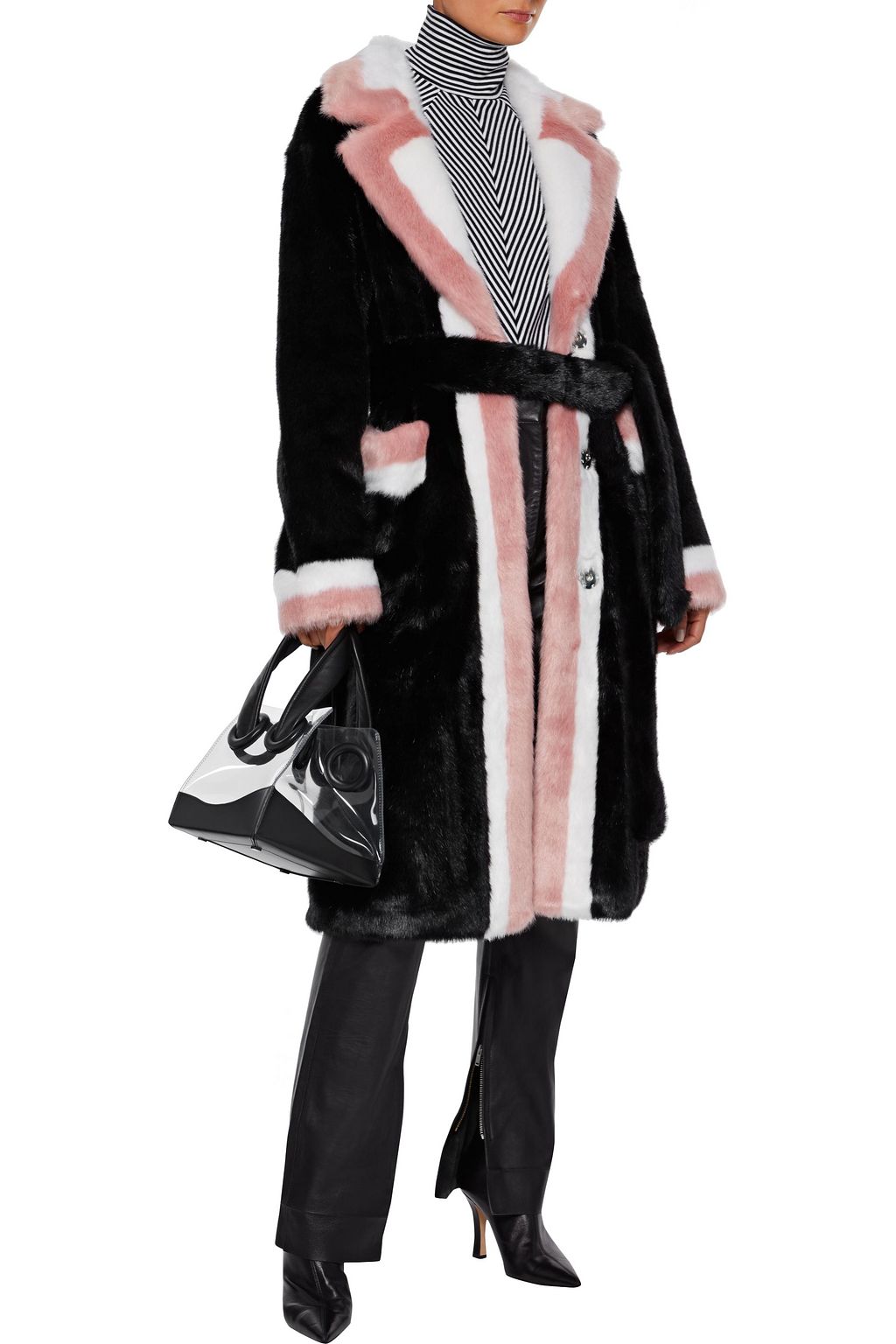 STAND STUDIO Kate belted color-block faux fur coat