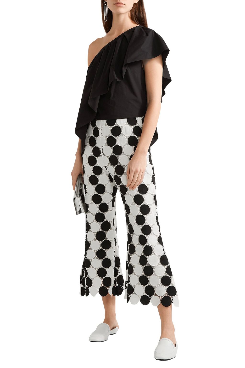 PAPER LONDON Cropped guipure lace flared pants