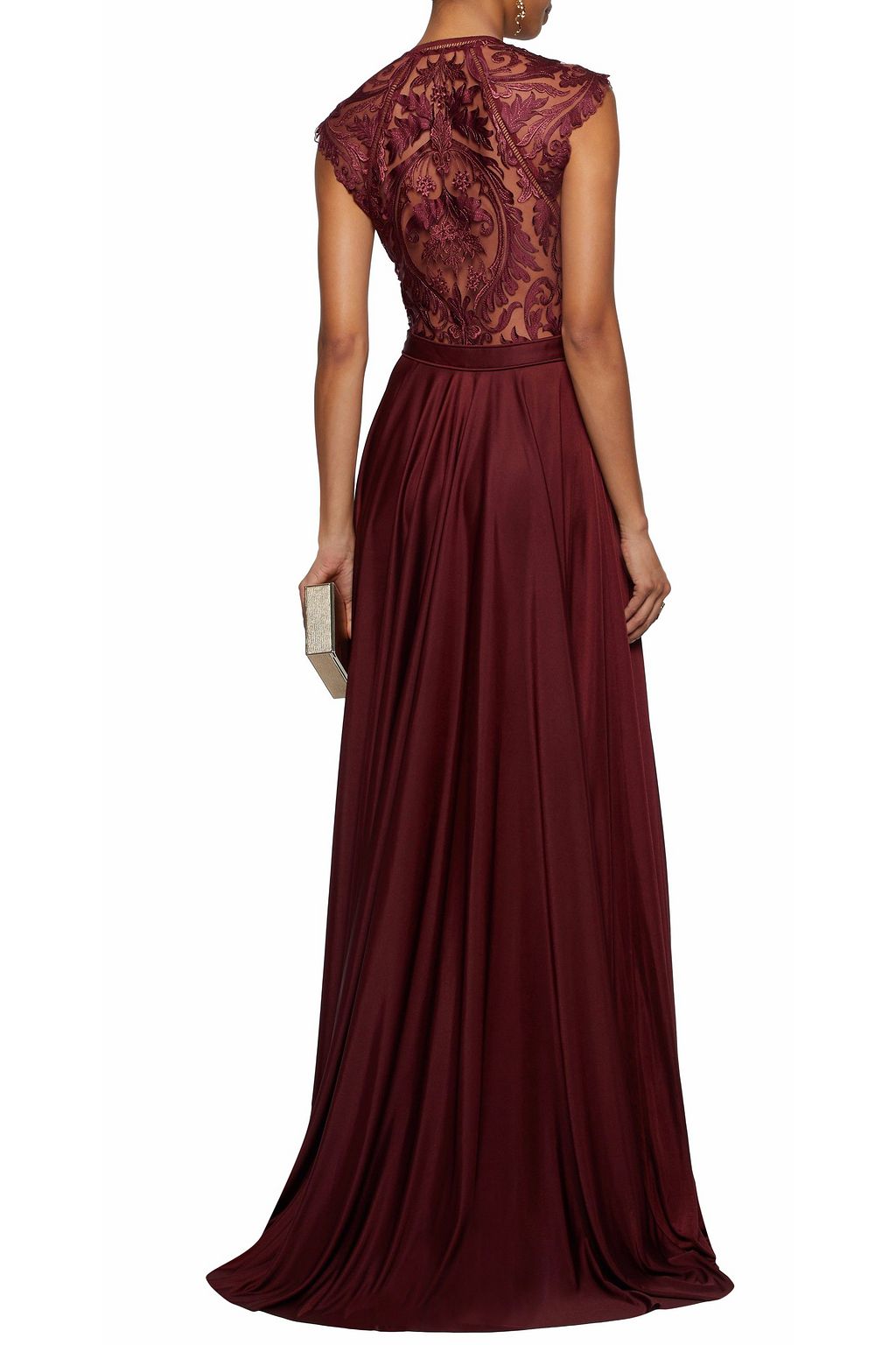 CATHERINE DEANE Lace-paneled pleated satin gown