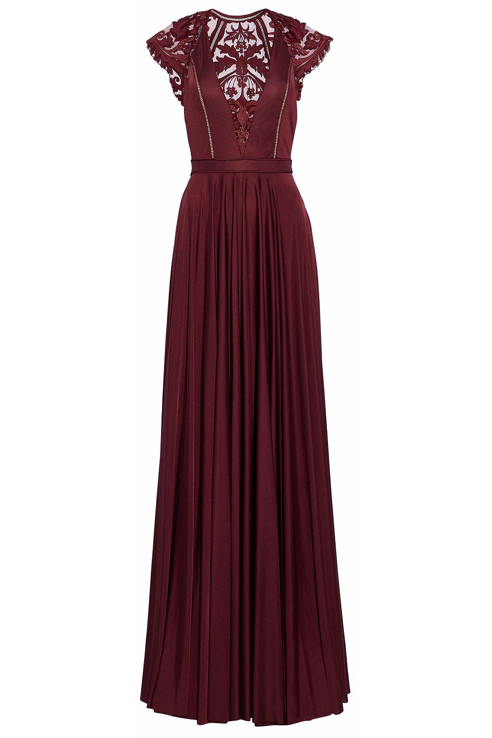 Lace-paneled pleated satin gown