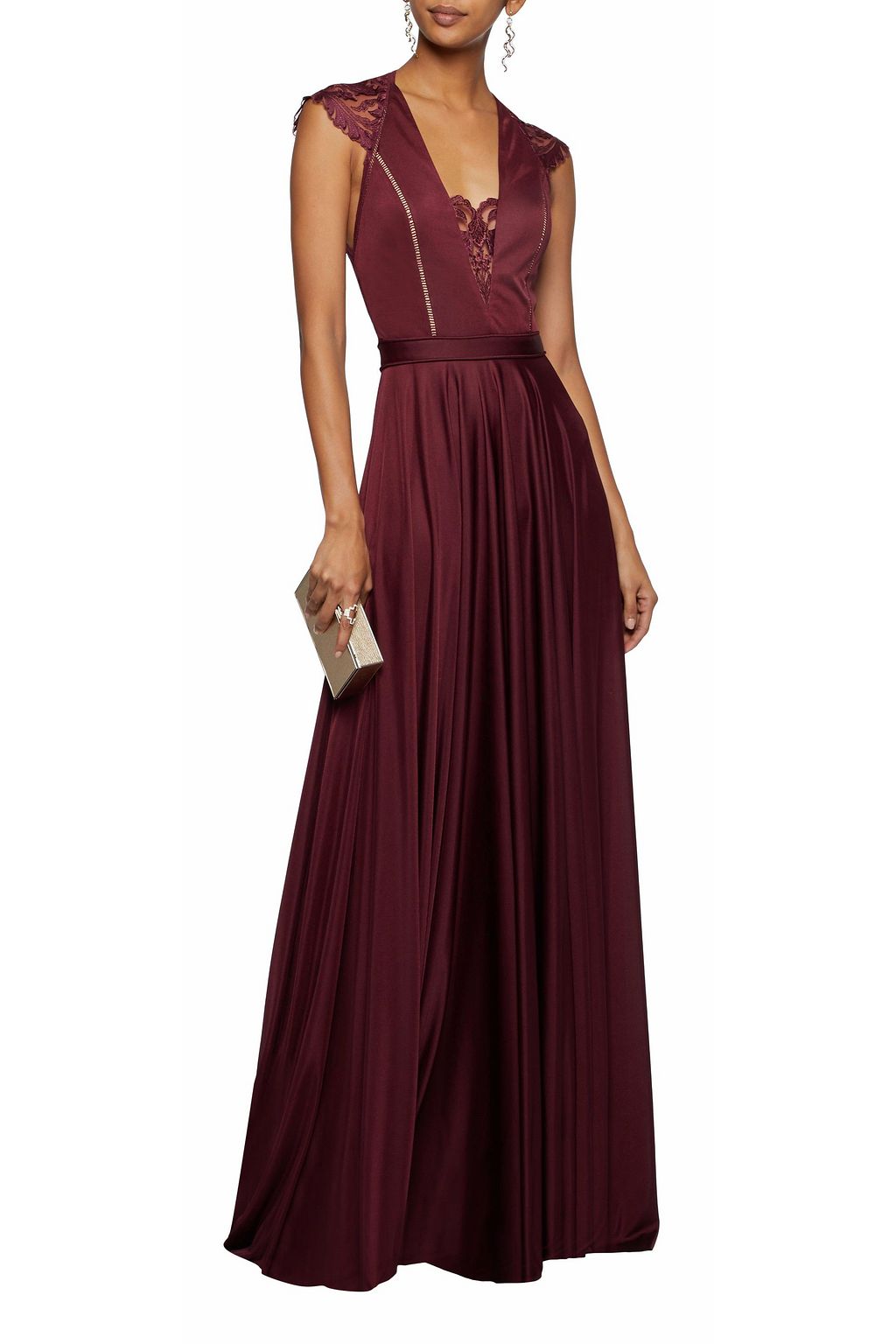 CATHERINE DEANE Lace-paneled pleated satin gown