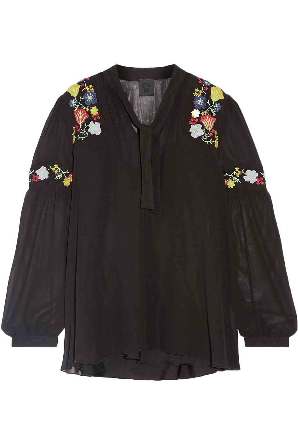 anna sui - garden embroidered georgette blouse - black - s