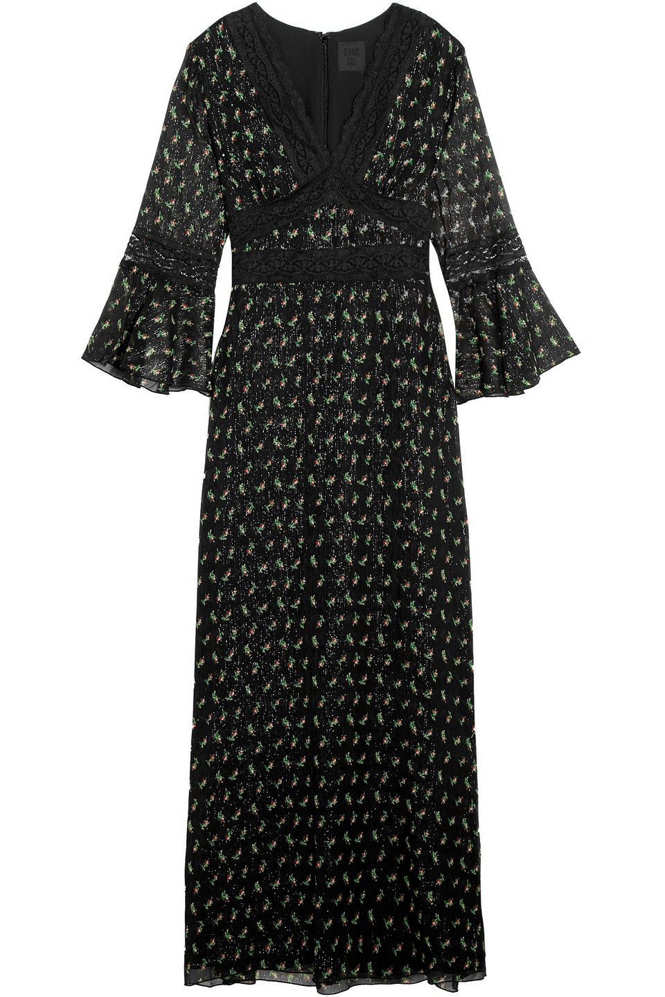 anna sui - lace-trimmed printed silk-blend crepon maxi dress - black - us 0