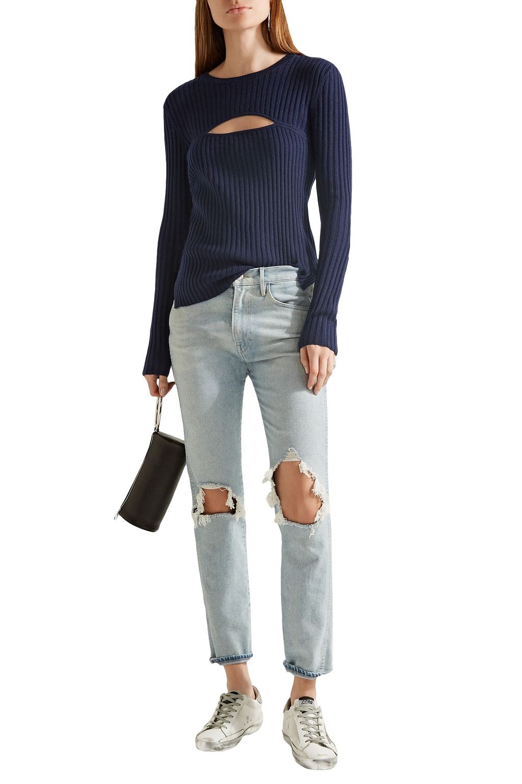 FRAME Cutout ribbed merino wool-blend sweater