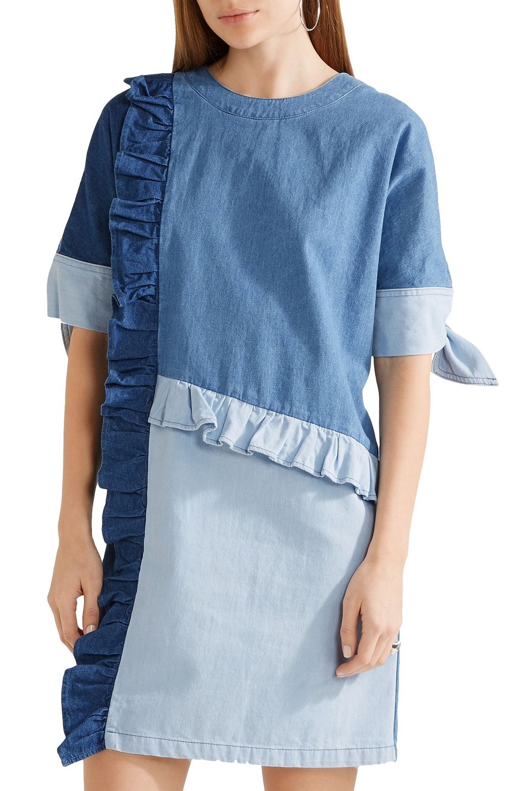 sjyp denim dress Ruffled paneled denim mini dress - mid denim