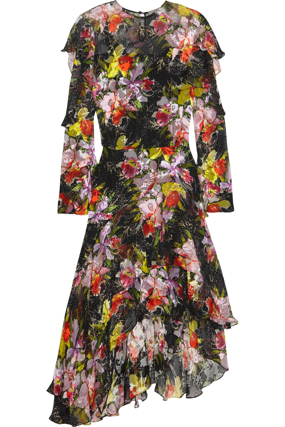 preen by thornton bregazzi - cassidy asymmetric printed devoré silk-chiffon dress - black - s
