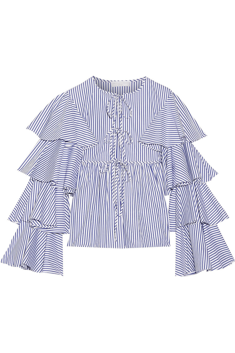Caroline Constas Nina Ruffled Striped Cotton Oxford Jacket In Blue