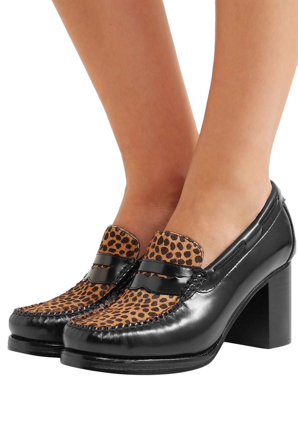RE/DONE + Weejuns The Winsome glossed-leather and leopard-print calf hair pumps