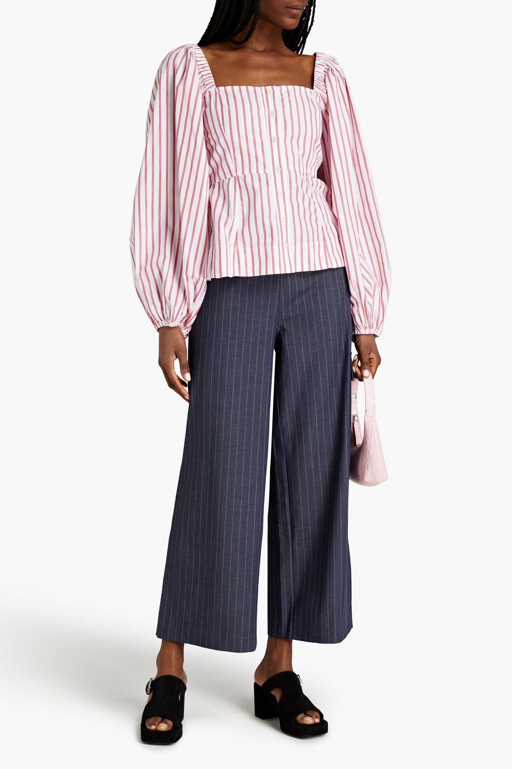 GANNI Cropped striped twill wide-leg pants