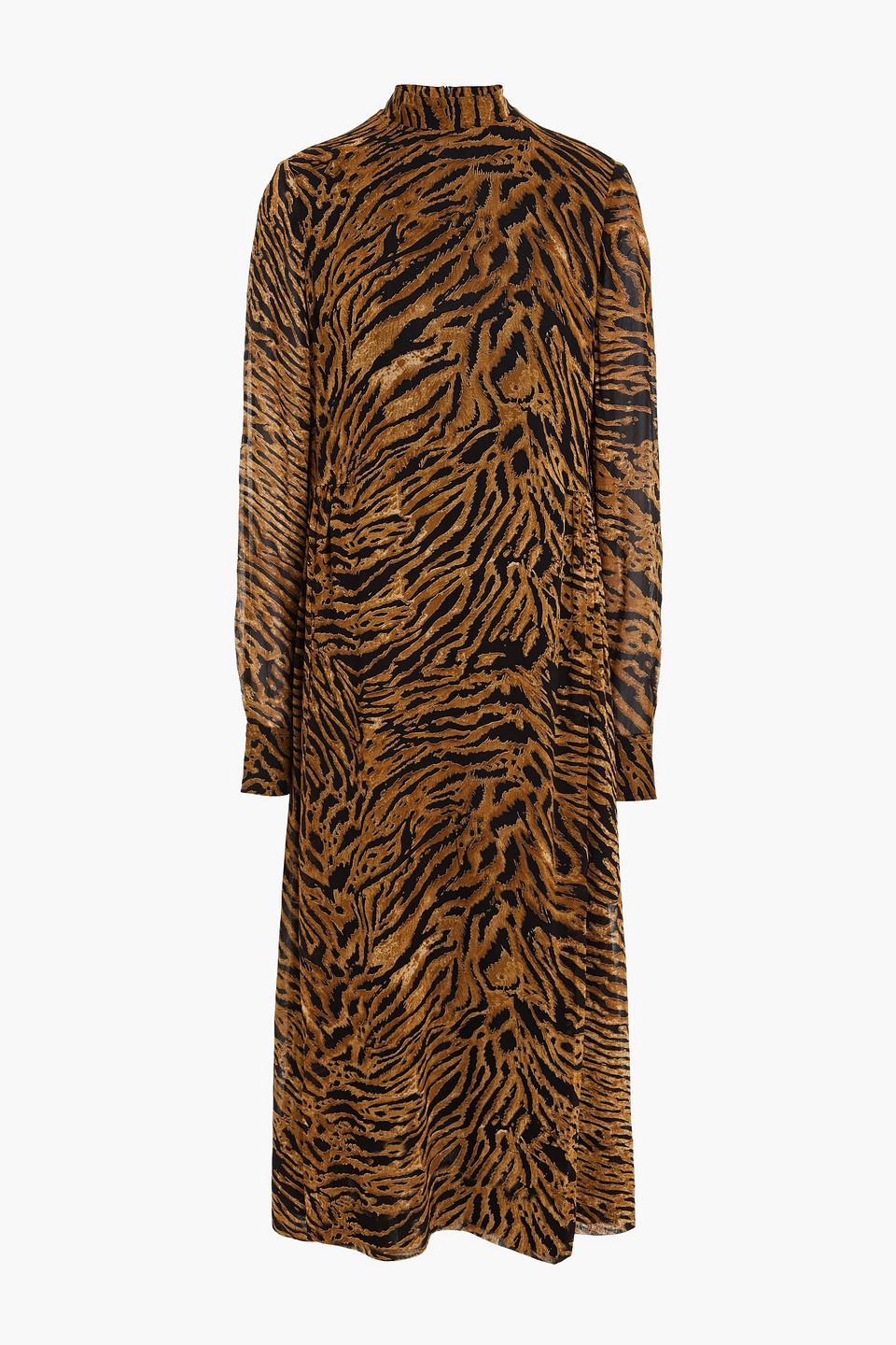 Ganni Woman Gathered Tiger-print Georgette Midi Dress Animal Print Size 36