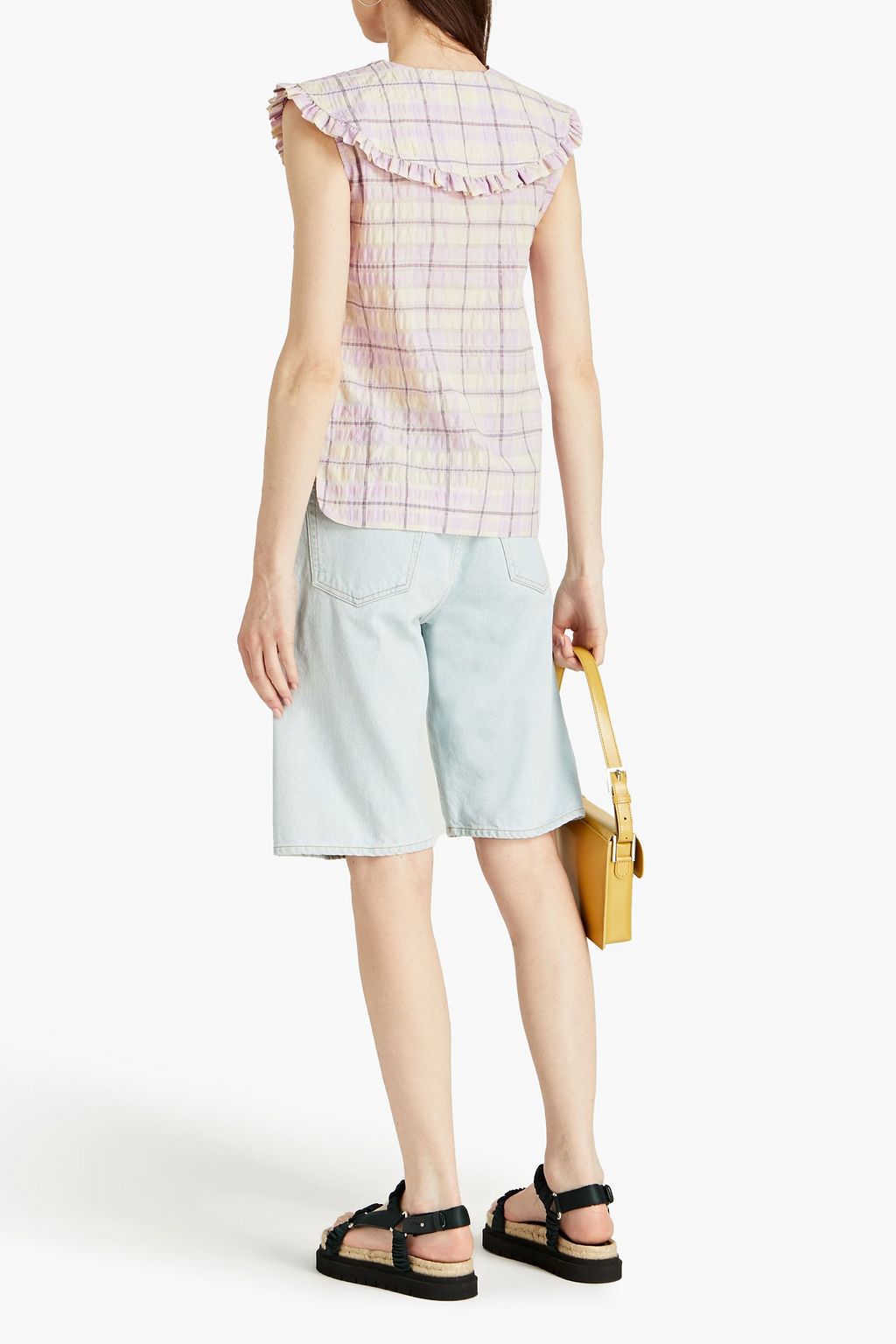 GANNI Checked cotton-blend seersucker shirt