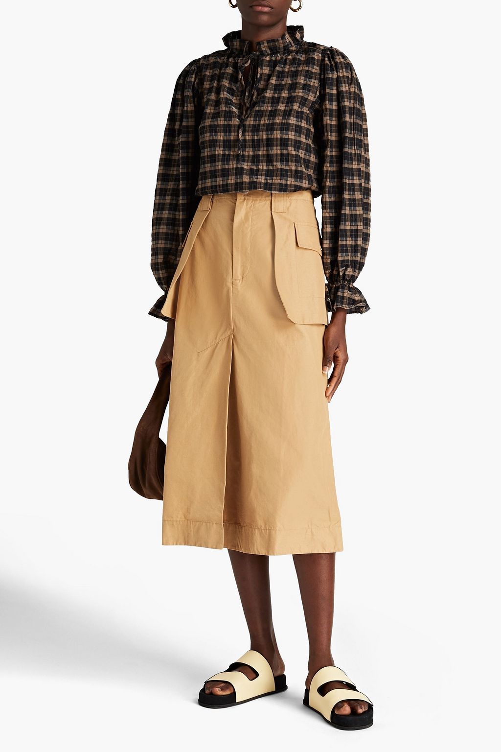 GANNI Slub cotton and linen-blend midi skirt