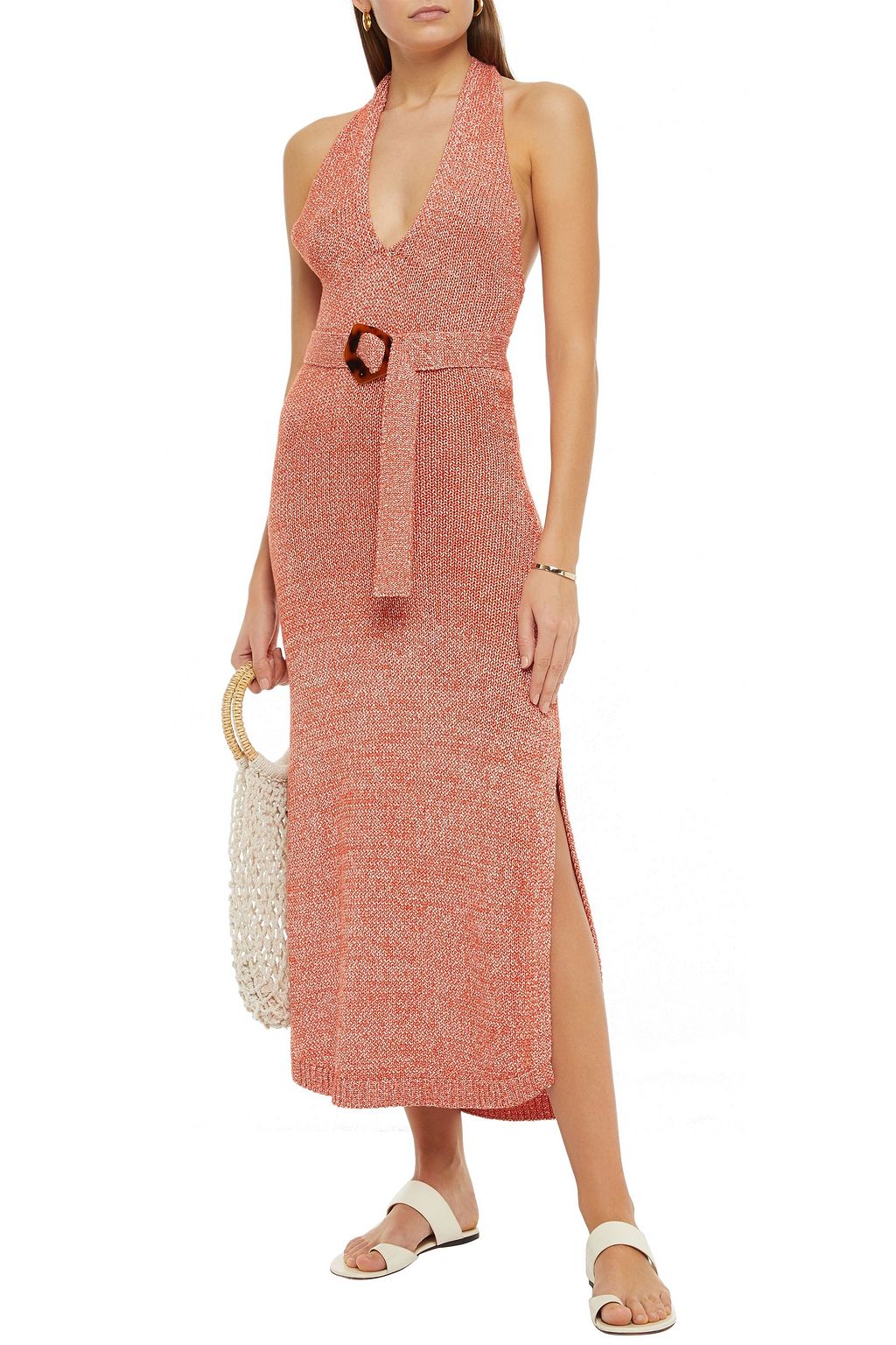 NICHOLAS Belted marled cotton-blend halterneck midi dress