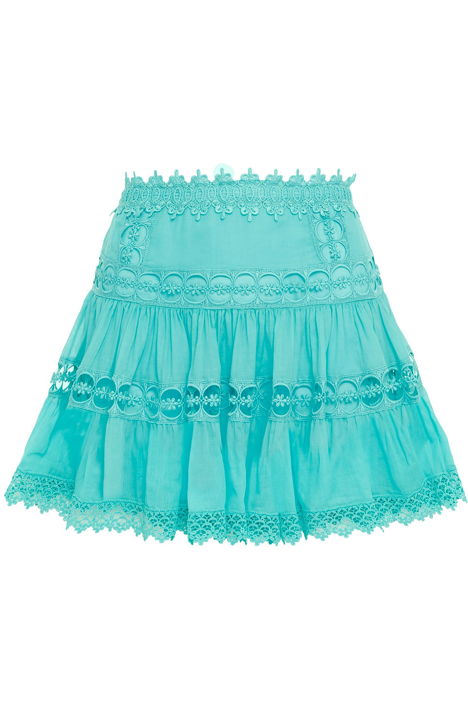 Charo Ruiz Ibiza Woman Gathered Crocheted Lace And Cotton-blend Voile Mini Skirt Turquoise Size XS